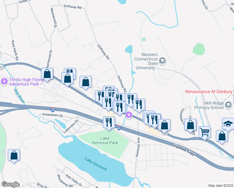 map of restaurants, bars, coffee shops, grocery stores, and more near 39 Mill Plain Road in Danbury