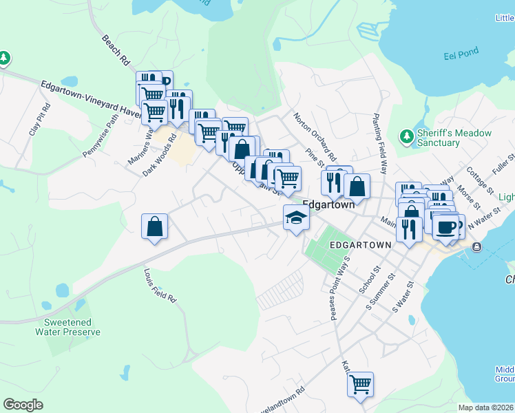 map of restaurants, bars, coffee shops, grocery stores, and more near 15 Pinehurst Road in Edgartown