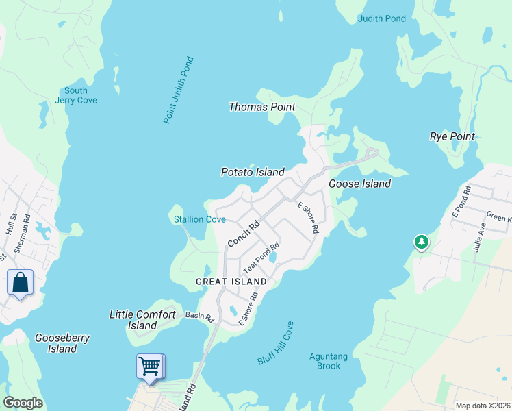 map of restaurants, bars, coffee shops, grocery stores, and more near 116 Conch Road in Narragansett