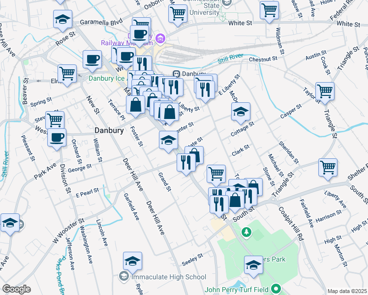 map of restaurants, bars, coffee shops, grocery stores, and more near 75 Main Street in Danbury
