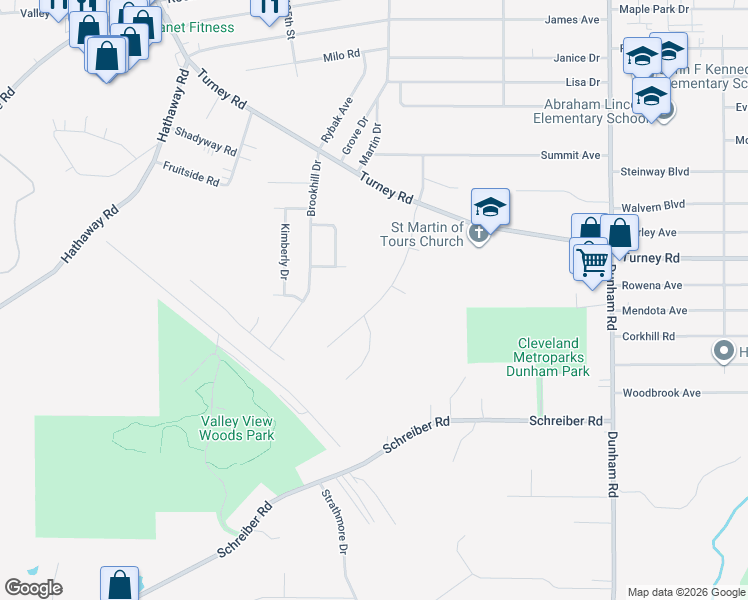 map of restaurants, bars, coffee shops, grocery stores, and more near 85 Creekside Drive in Maple Heights