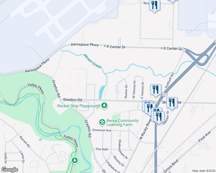 map of restaurants, bars, coffee shops, grocery stores, and more near 21460 Sheldon Road in Brook Park