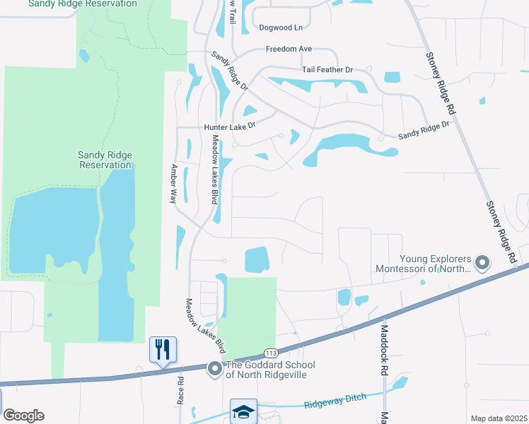 map of restaurants, bars, coffee shops, grocery stores, and more near Meadow Lakes Boulevard in North Ridgeville