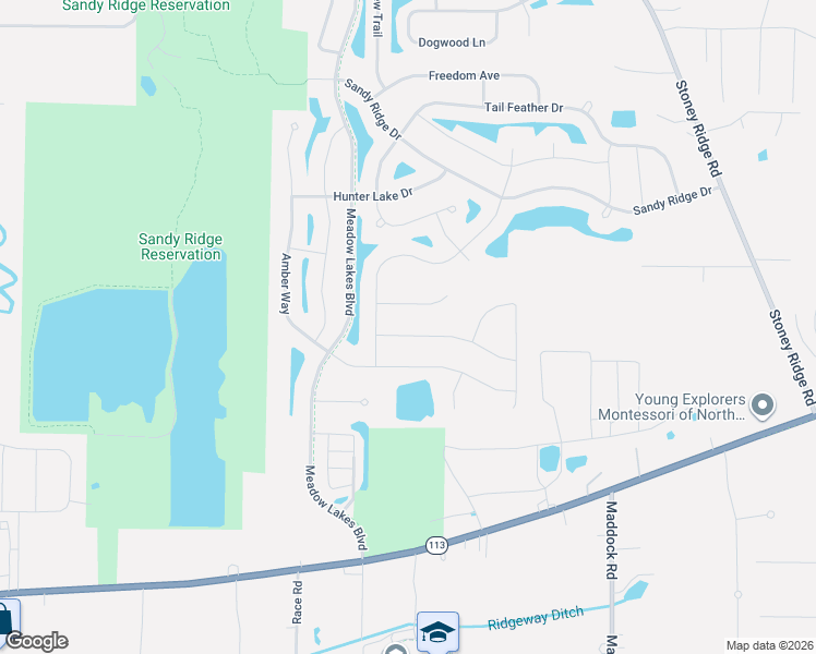 map of restaurants, bars, coffee shops, grocery stores, and more near Meadow Lakes Boulevard in North Ridgeville
