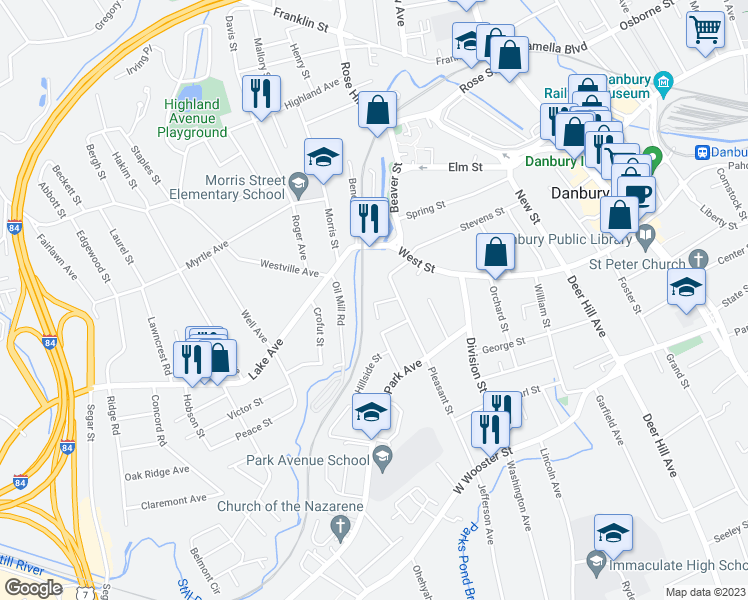 map of restaurants, bars, coffee shops, grocery stores, and more near 5 Bennett Place in Danbury