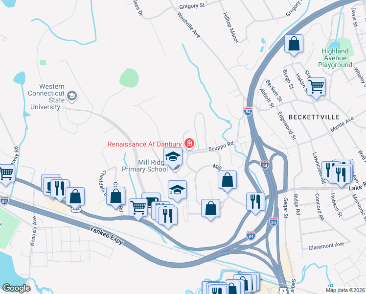 map of restaurants, bars, coffee shops, grocery stores, and more near 23 Scuppo Road in Danbury