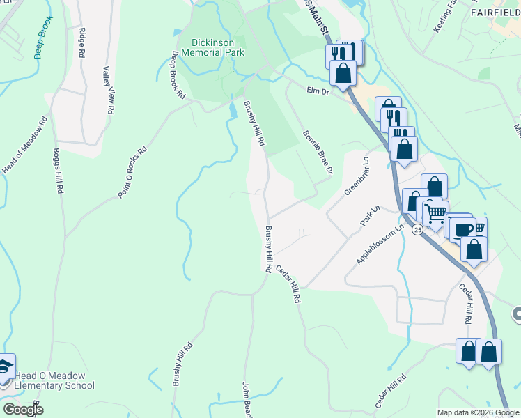 map of restaurants, bars, coffee shops, grocery stores, and more near 40 Brushy Hill Road in Newtown