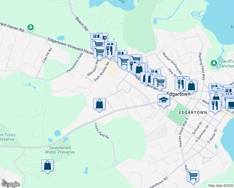 map of restaurants, bars, coffee shops, grocery stores, and more near 59 Chase Road in Edgartown