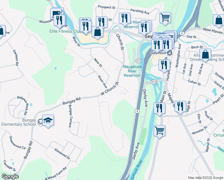 map of restaurants, bars, coffee shops, grocery stores, and more near 179 West Church Street in Seymour