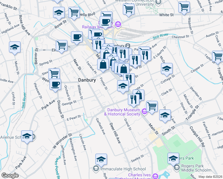 map of restaurants, bars, coffee shops, grocery stores, and more near 12 Boughton Street in Danbury
