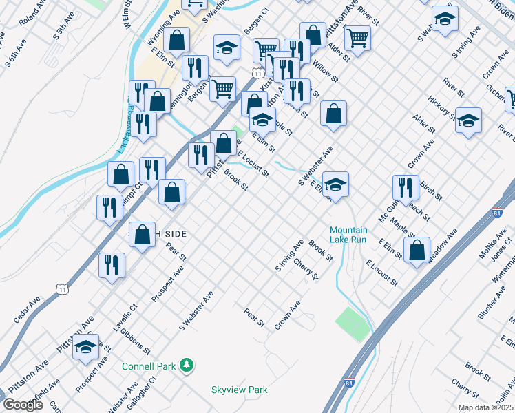 map of restaurants, bars, coffee shops, grocery stores, and more near 624 Brook Street in Scranton