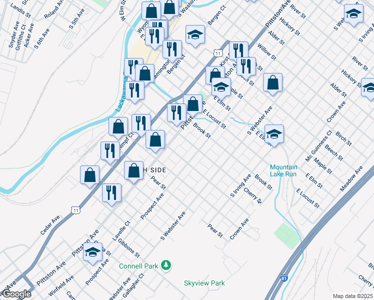 map of restaurants, bars, coffee shops, grocery stores, and more near 539 Fig Street in Scranton