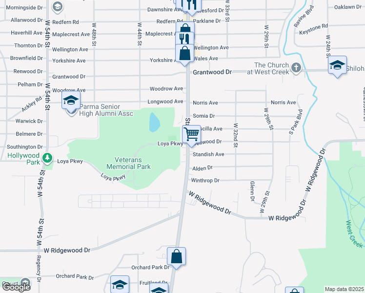 map of restaurants, bars, coffee shops, grocery stores, and more near 6348 State Road in Parma