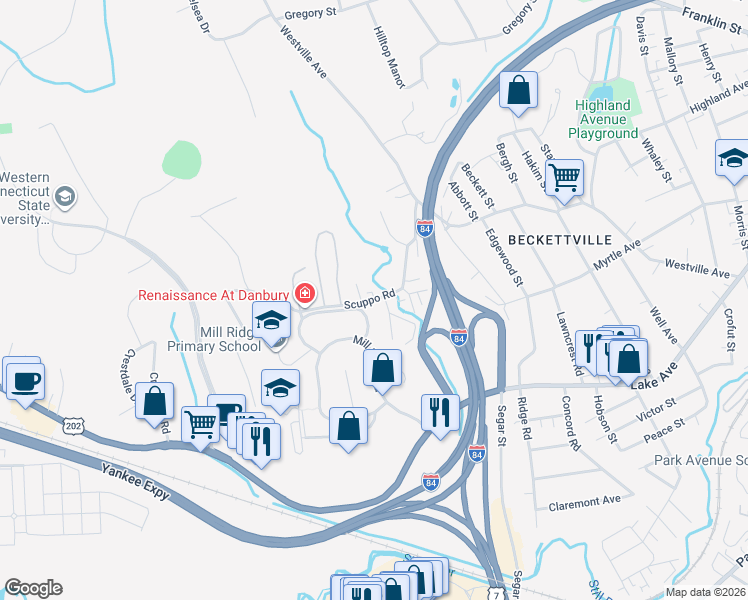 map of restaurants, bars, coffee shops, grocery stores, and more near 23 Scuppo Road in Danbury