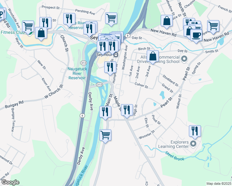 map of restaurants, bars, coffee shops, grocery stores, and more near 27 Washington Avenue in Seymour
