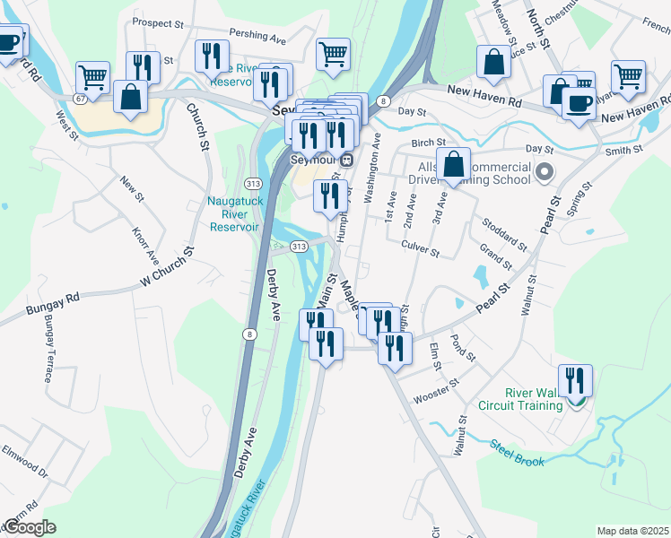 map of restaurants, bars, coffee shops, grocery stores, and more near 1 Route 115 in Seymour
