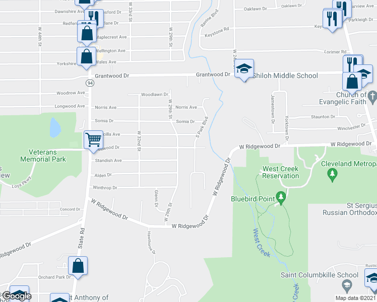map of restaurants, bars, coffee shops, grocery stores, and more near 2803 Dellwood Drive in Parma