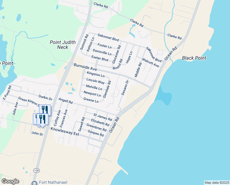 map of restaurants, bars, coffee shops, grocery stores, and more near 37 Glendale Road in Narragansett