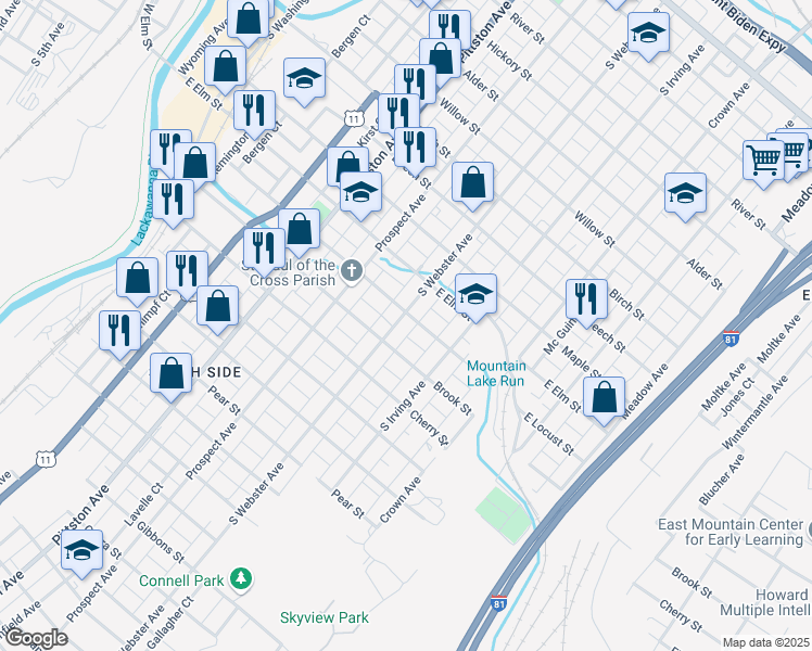 map of restaurants, bars, coffee shops, grocery stores, and more near 711 Brook Street in Scranton