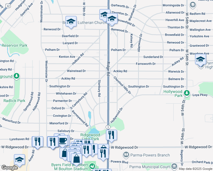 map of restaurants, bars, coffee shops, grocery stores, and more near 6342 Ridge Road in Parma