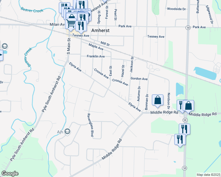 map of restaurants, bars, coffee shops, grocery stores, and more near 644 Elyria Avenue in Amherst