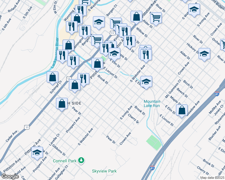 map of restaurants, bars, coffee shops, grocery stores, and more near 624 Brook Street in Scranton