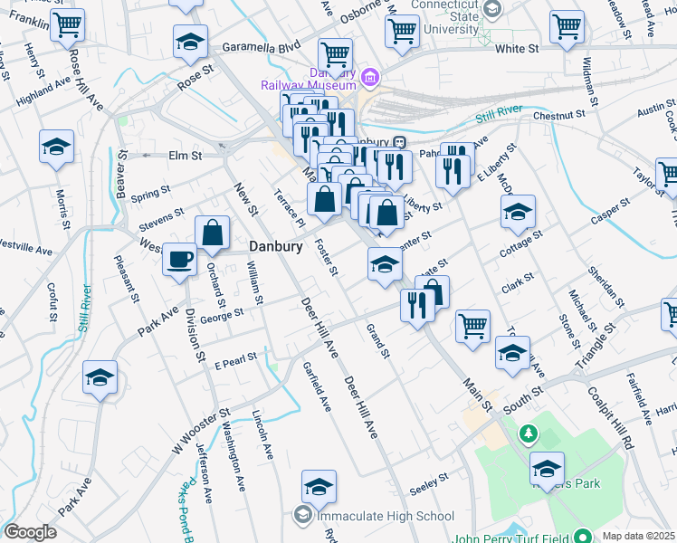 map of restaurants, bars, coffee shops, grocery stores, and more near 21 Foster Street in Danbury