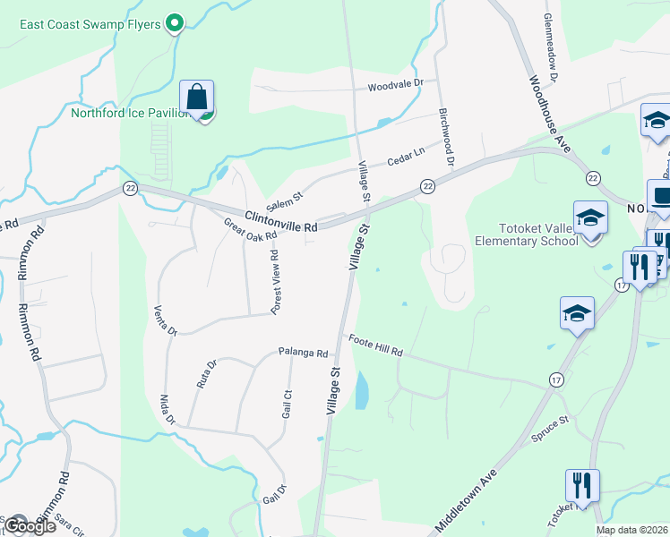 map of restaurants, bars, coffee shops, grocery stores, and more near 462 Village Street in Northford