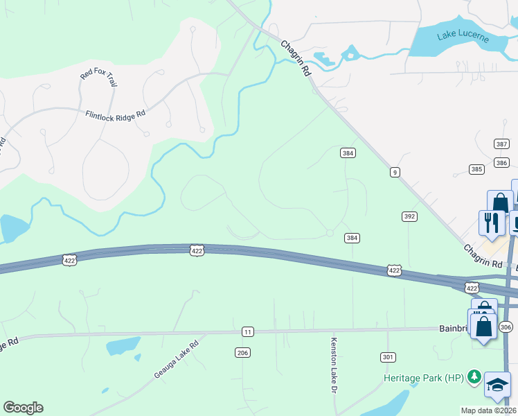 map of restaurants, bars, coffee shops, grocery stores, and more near Trail 850 in Chagrin Falls