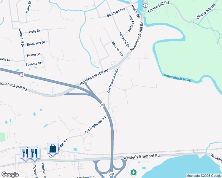 map of restaurants, bars, coffee shops, grocery stores, and more near 39 Old Hopkinton Road in Westerly