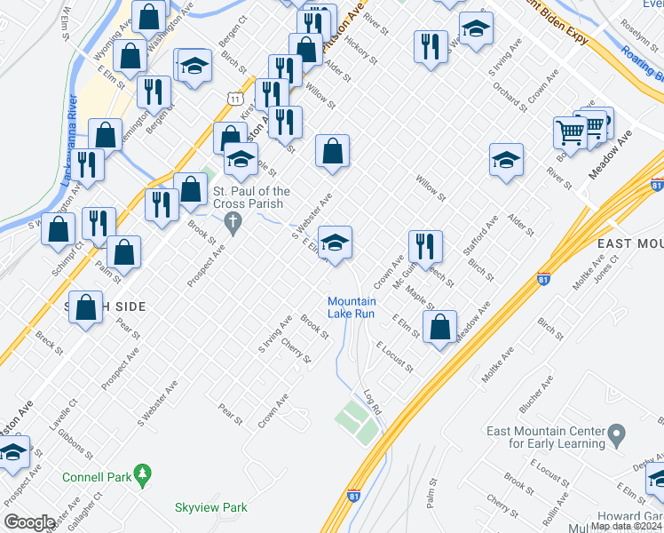 map of restaurants, bars, coffee shops, grocery stores, and more near 1155 South Irving Avenue in Scranton