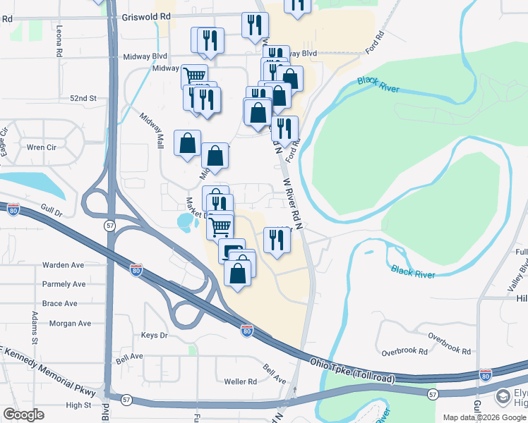 map of restaurants, bars, coffee shops, grocery stores, and more near 53 Bunker Hill Lane in Elyria