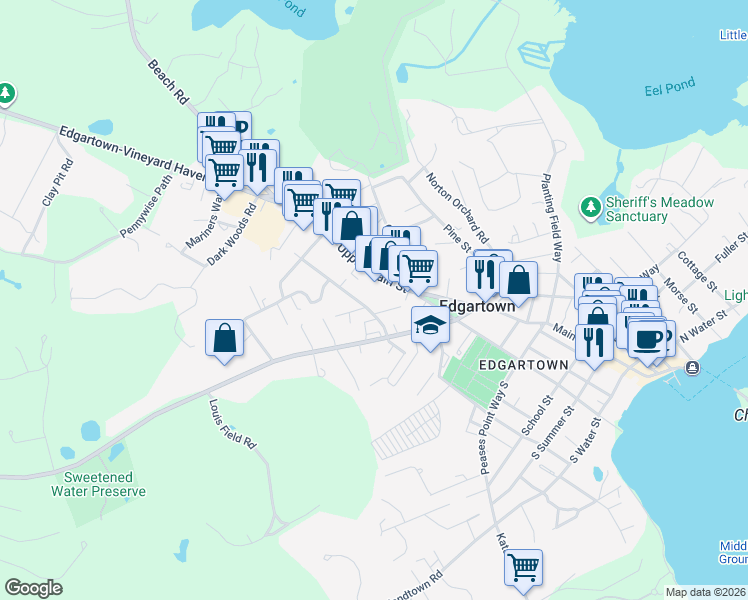 map of restaurants, bars, coffee shops, grocery stores, and more near 15 Pinehurst Road in Edgartown