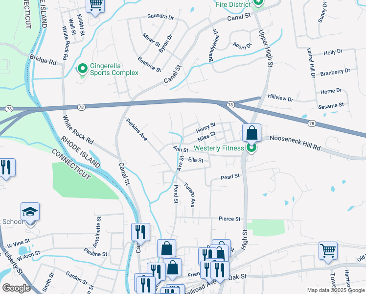 map of restaurants, bars, coffee shops, grocery stores, and more near 16 Ava Street in Westerly