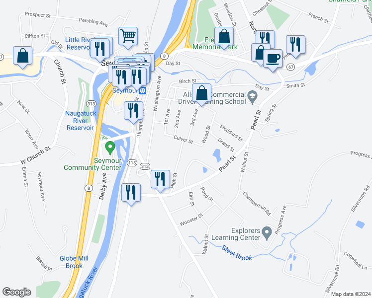 map of restaurants, bars, coffee shops, grocery stores, and more near 47 High Street in Seymour