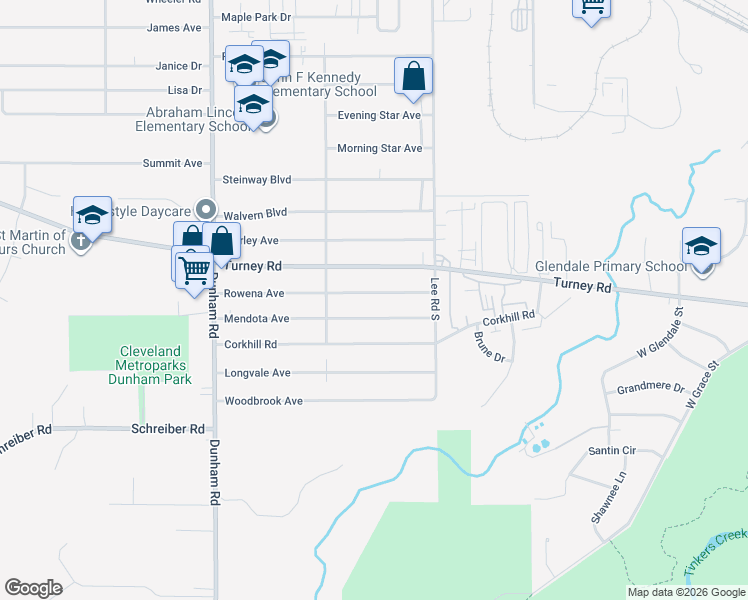 map of restaurants, bars, coffee shops, grocery stores, and more near 16105 Mendota Avenue in Maple Heights