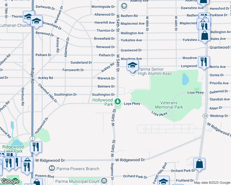 map of restaurants, bars, coffee shops, grocery stores, and more near 6342 West 54th Street in Parma