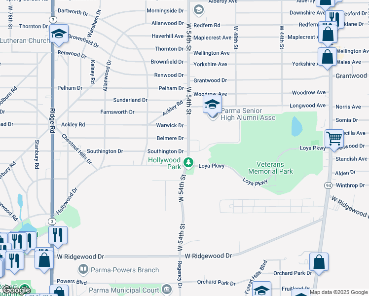 map of restaurants, bars, coffee shops, grocery stores, and more near 6342 West 54th Street in Parma