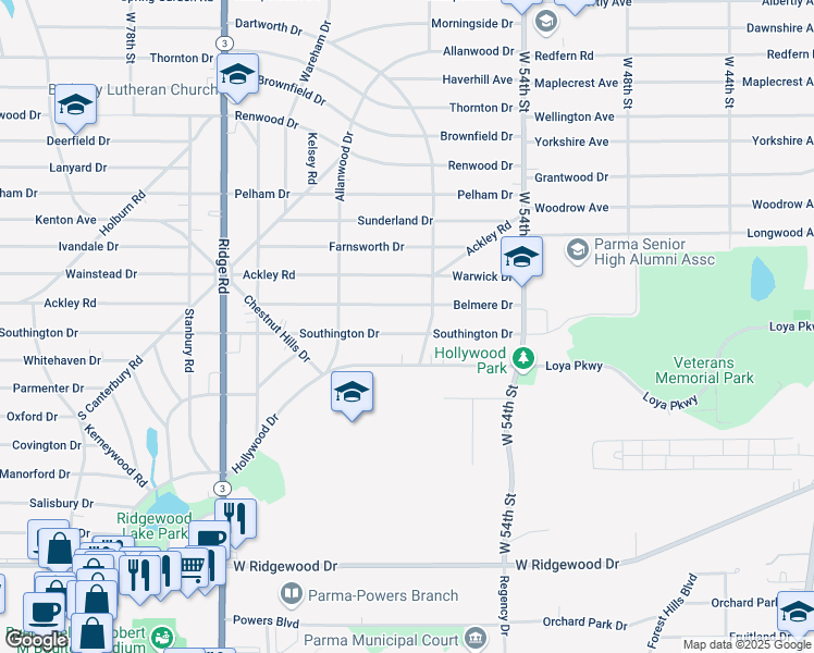 map of restaurants, bars, coffee shops, grocery stores, and more near 6103 Southington Drive in Parma