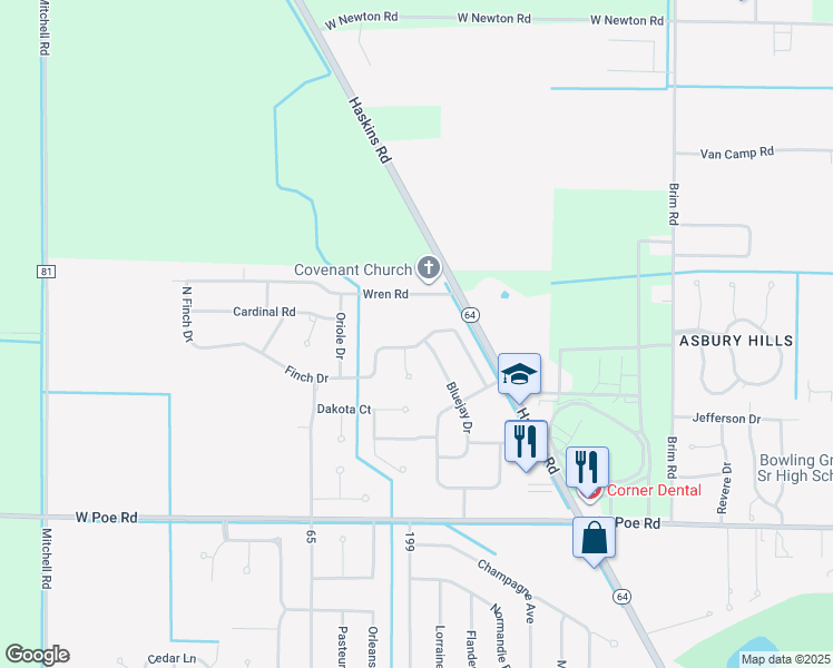 map of restaurants, bars, coffee shops, grocery stores, and more near 1149 Bluejay Drive in Bowling Green