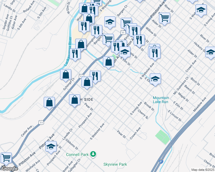 map of restaurants, bars, coffee shops, grocery stores, and more near 539 Fig Street in Scranton