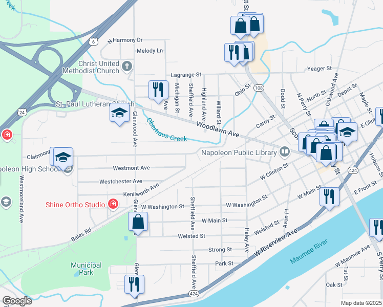 map of restaurants, bars, coffee shops, grocery stores, and more near 700 Clairmont Avenue in Napoleon