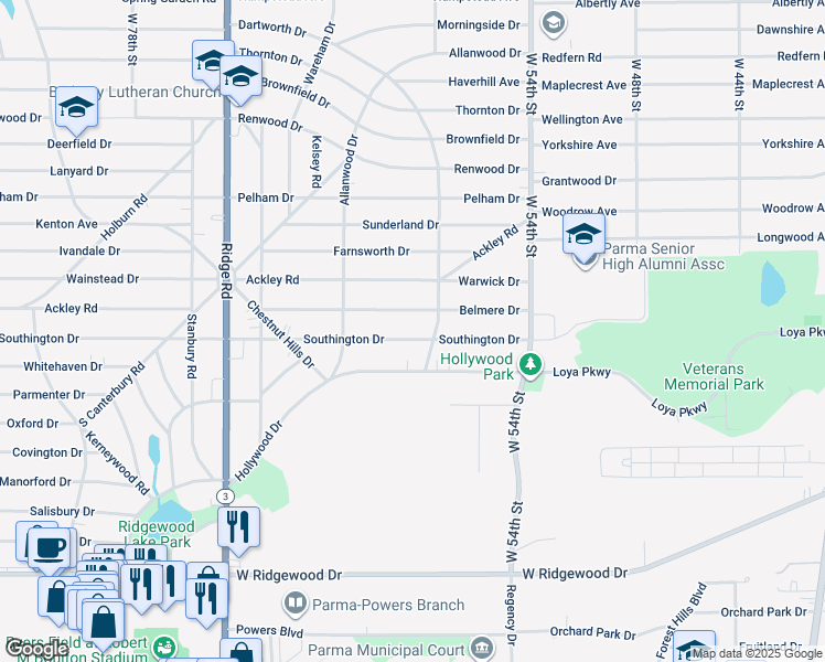 map of restaurants, bars, coffee shops, grocery stores, and more near 6103 Southington Drive in Parma