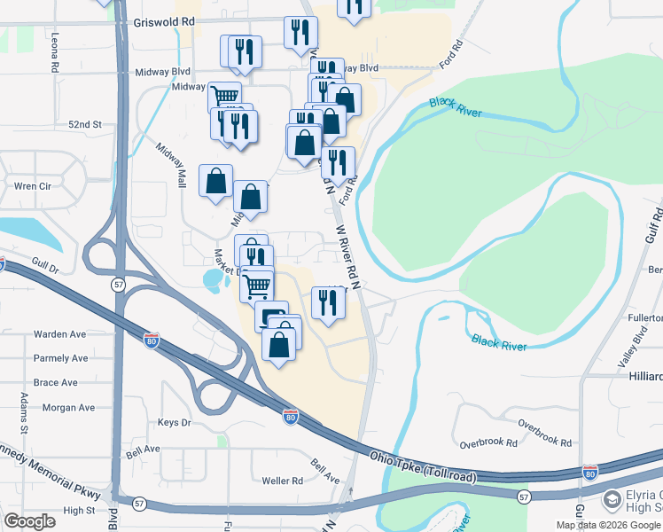 map of restaurants, bars, coffee shops, grocery stores, and more near 45 Valley Forge Lane in Elyria