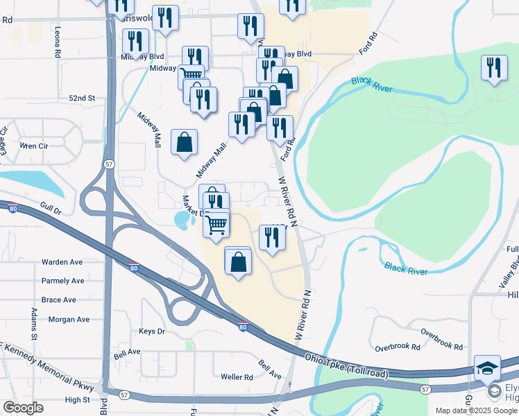 map of restaurants, bars, coffee shops, grocery stores, and more near 53 Bunker Hill Lane in Elyria