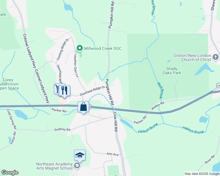 map of restaurants, bars, coffee shops, grocery stores, and more near 55 Pumpkin Hill Road in Groton