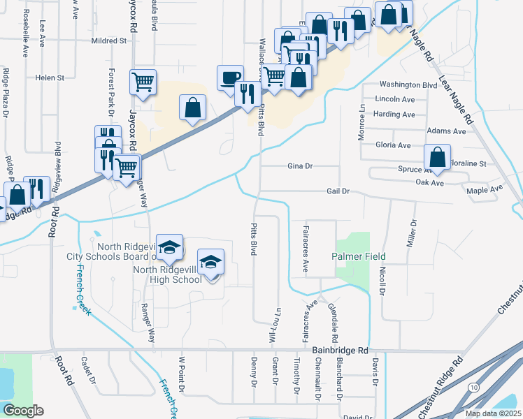 map of restaurants, bars, coffee shops, grocery stores, and more near 6725 Pitts Boulevard in North Ridgeville