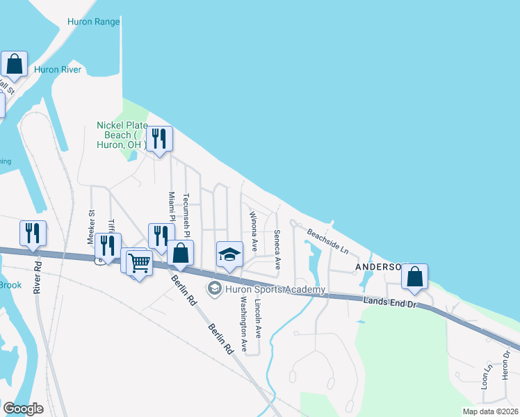 map of restaurants, bars, coffee shops, grocery stores, and more near 314 Wasta Avenue in Huron