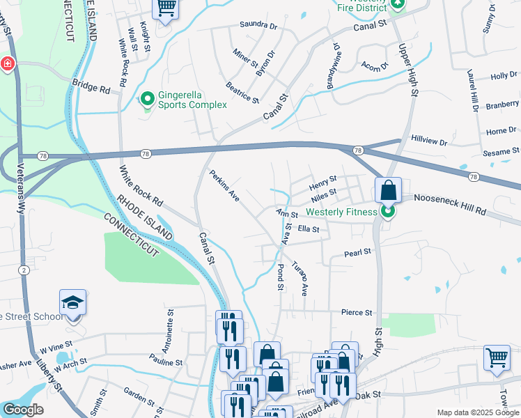 map of restaurants, bars, coffee shops, grocery stores, and more near 4 Ann Street in Westerly