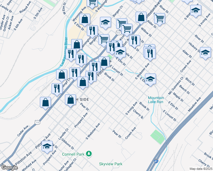 map of restaurants, bars, coffee shops, grocery stores, and more near 1405 Prospect Avenue in Scranton